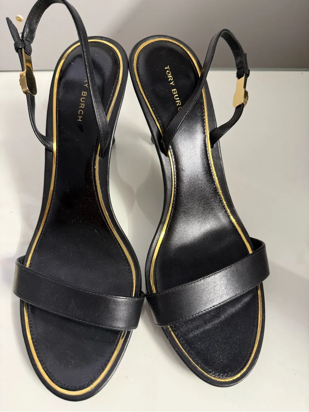 Tory Burch Black Leather Slingback Heels with Gold Trim